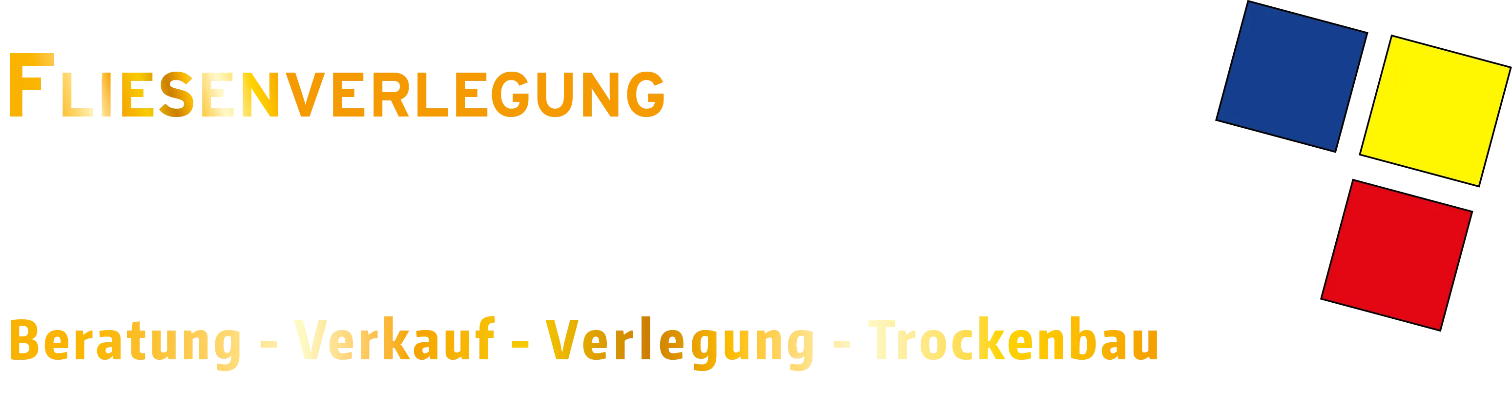 Logo Bockrath und Pott GmbH Fliesenverlegung - goldene und weiße Schrift auf schwarzem Hintergrund und drei quadratische Flächen in Blau, Gelb und Rot, die stilisirte Fliesen darstellen